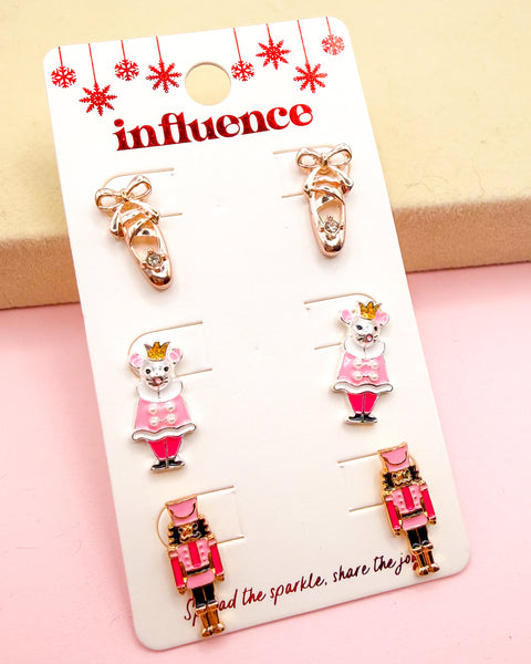 Nutcracker and Mouse King Stud Earring Trio in Red or Pink