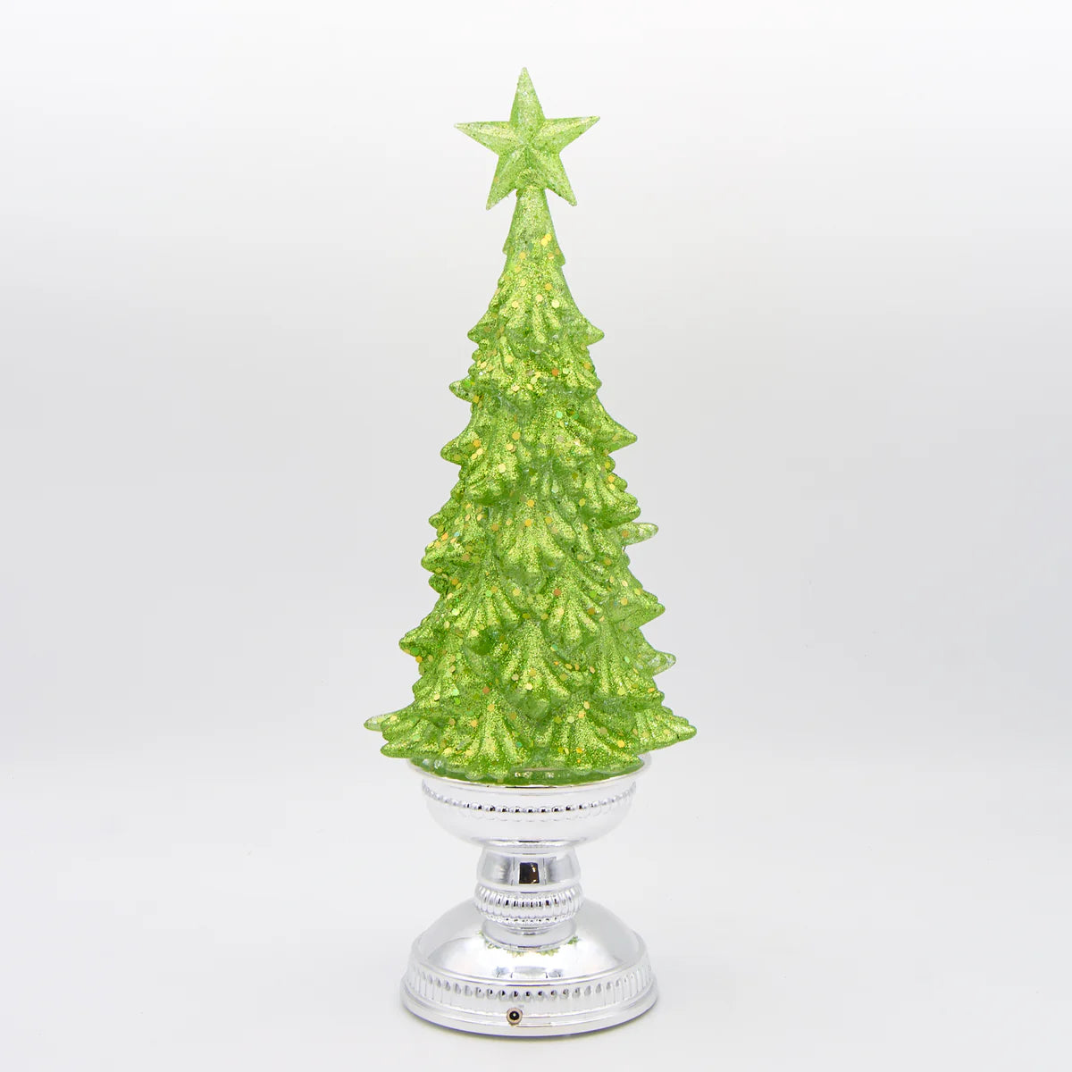 Lit Green Glitter Tree with Silver Base