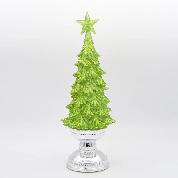Lit Green Glitter Tree with Silver Base