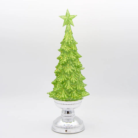 Lit Green Glitter Tree with Silver Base