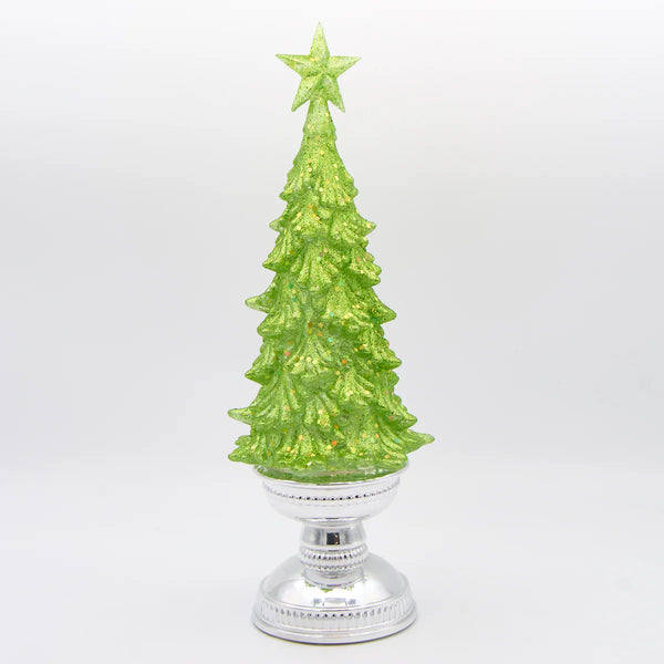 Lit Green Glitter Tree with Silver Base