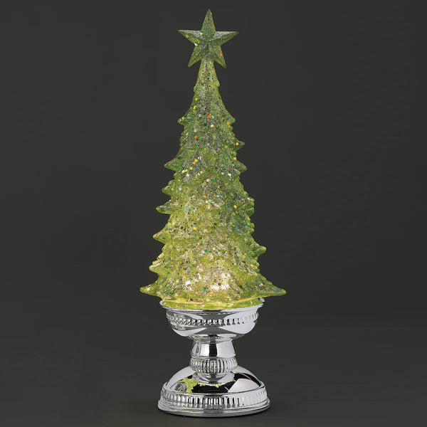 Lit Green Glitter Tree with Silver Base