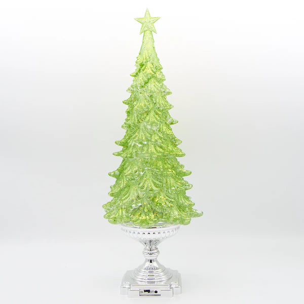 Lit Green Glitter Tree with Silver Base