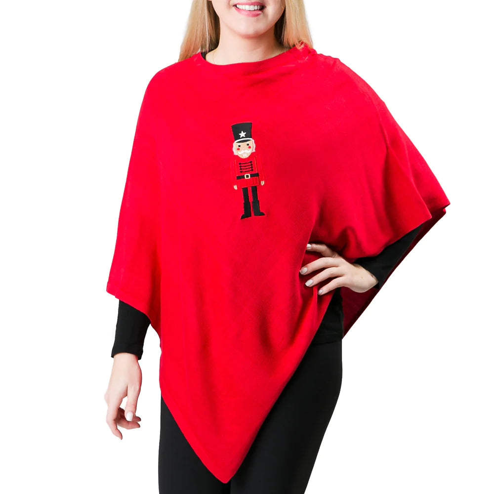 Holly Poncho, Red with Nutcracker