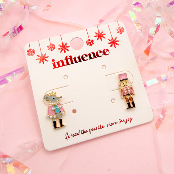 Nutcracker and Mouse King Stud Earrings in Red or Pink