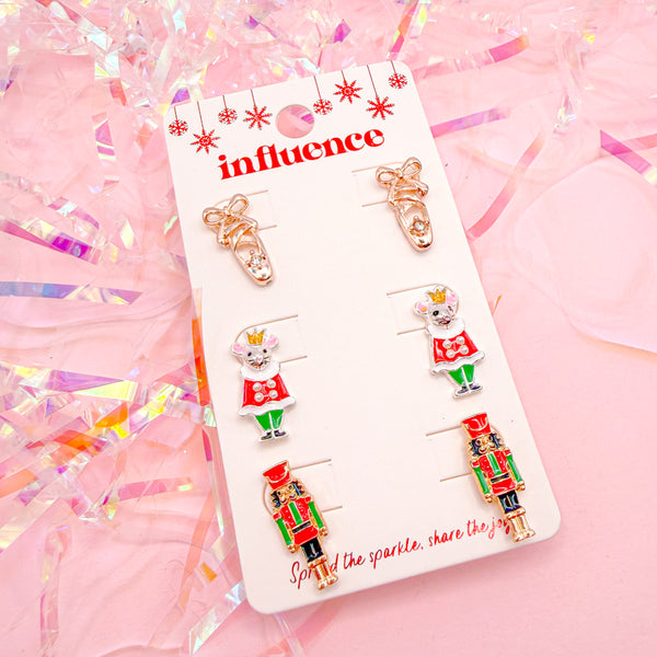 Nutcracker and Mouse King Stud Earring Trio in Red or Pink