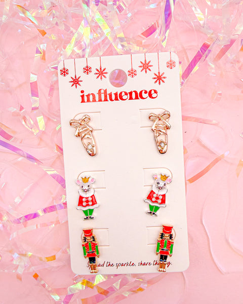 Nutcracker and Mouse King Stud Earring Trio in Red or Pink