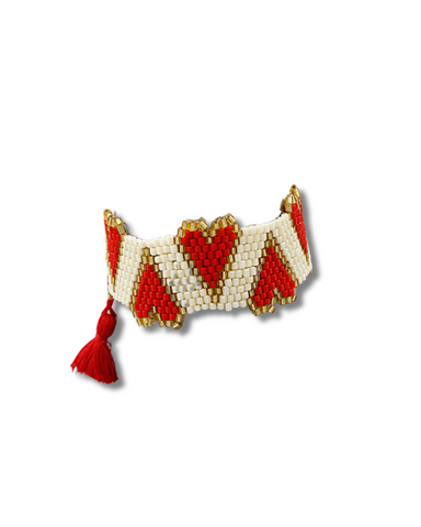 Multi Heart Beaded Bracelet in Red and Ivory