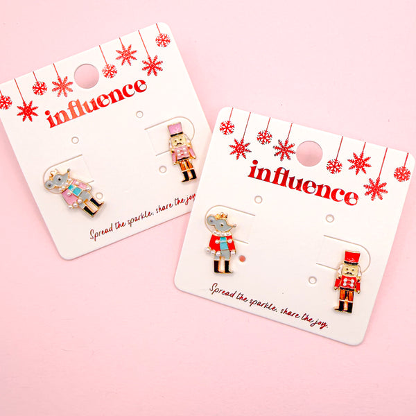 Nutcracker and Mouse King Stud Earrings in Red or Pink