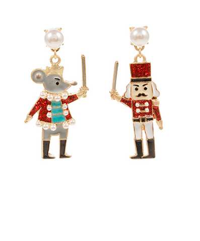 NUTCRACKER & MOUSE KING SHAPED DROP EARRINGS LIGHT RED
