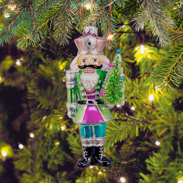 Glass Nutcracker With Sisal Tree Ornaments