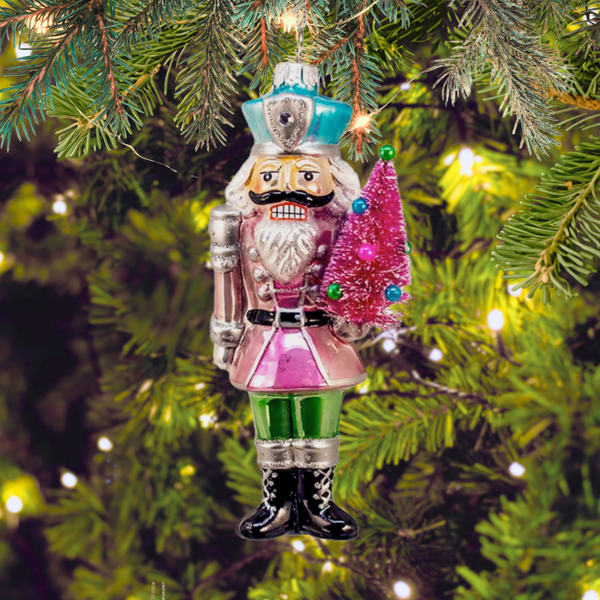 Glass Nutcracker With Sisal Tree Ornaments