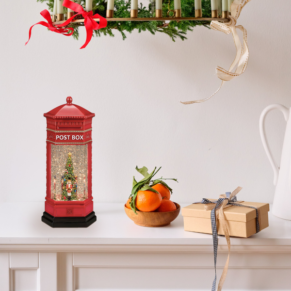 Lit Confetti Swirl Post Box with Nutcrackers around Tree