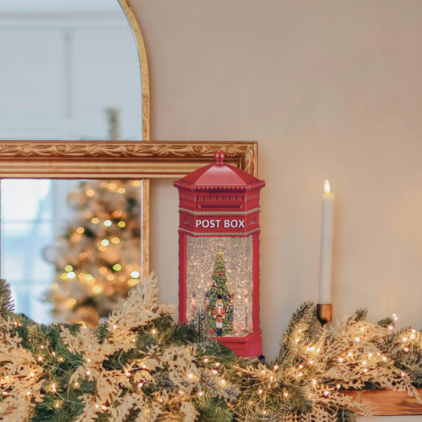 Lit Confetti Swirl Post Box with Nutcrackers around Tree