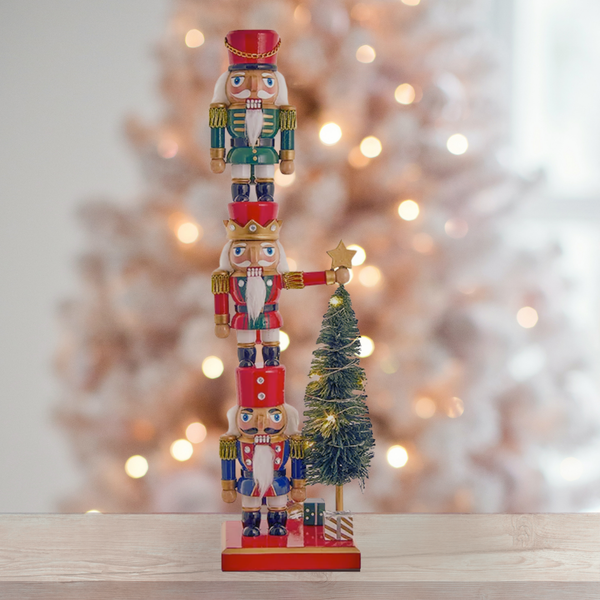Stacked Nutcrackers with Light-Up Tree - 18"