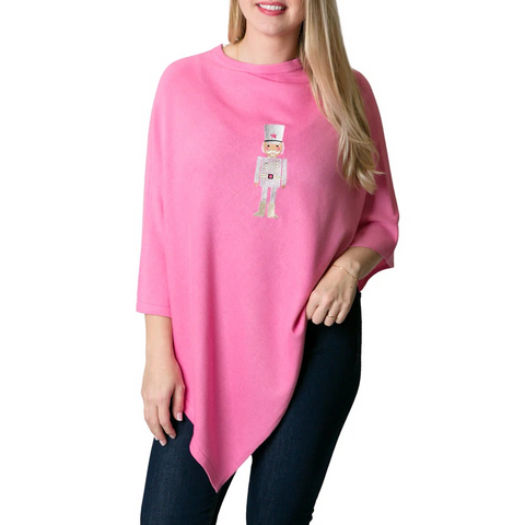 HOLLY PONCHO, HOT PINK W METALLIC SILVER NUTCRACKER